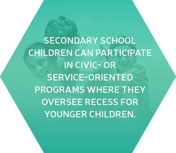 Secondary school children can participate in civic- or service-oriented programs where they oversee recess for younger children.